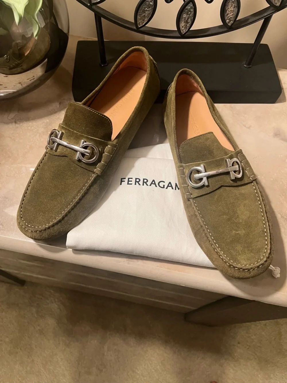 Salvatore Ferragamo Men's Olive Suede Bit Loafers - Elegant Slip-On Style